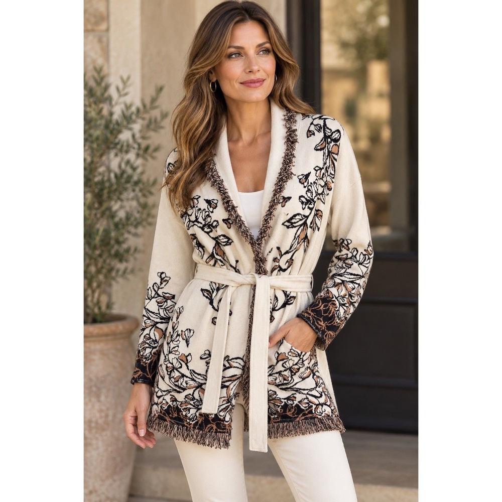 Chico's 3 Fringe Cardigan Sweater ~Sz XL~Black & Cream Floral Intarsia Tie Boho